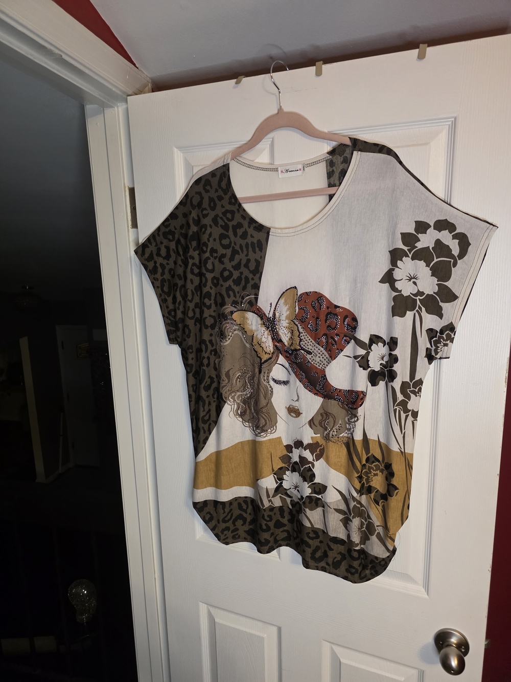 Women’s Floral & Leopard Graphic Tunic Top - Multi (Mustard, Brown, White)